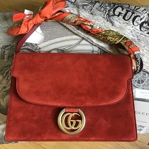 Gucci, Bags, Gucci Gg Ring Suede Leather Shoulder Bag Red Gold